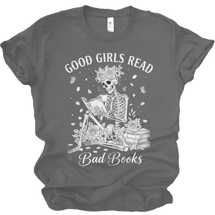 Good Girls Read Bad Books Skeleton Reading Book Halloween Unisex Jersey T-Shirt
