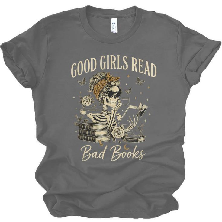Good Girls Read Bad Books Vintage Skeleton Reader Unisex Jersey T-Shirt
