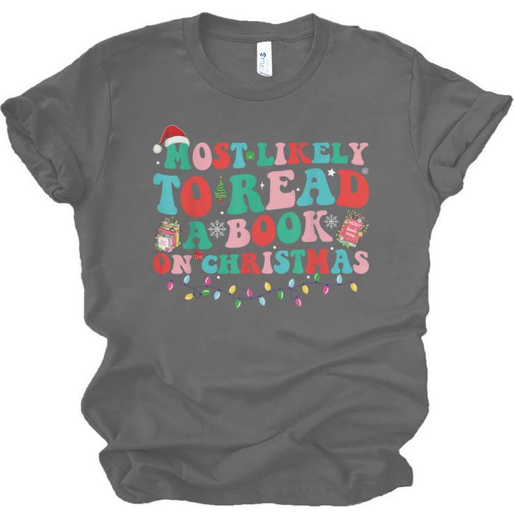 Groovy Christmas Most Likely To Read A Book On Christmas Unisex Jersey T-Shirt Groovy Christmas Most Likely To Read A Book On Christmas Unisex Jersey T-Shirt