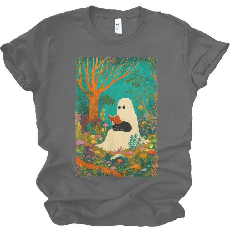 Groovy Ghost Reading Book Cat Halloween Ghost Teacher Unisex Jersey T-Shirt