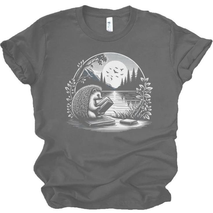 Hedgehog Reading Book Full Moon Lake Scenery Unisex Jersey T-Shirt