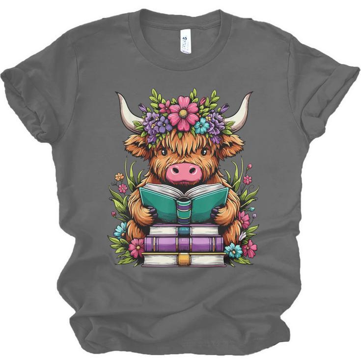 Highland Cow Book Floral Bookworm Unisex Jersey T-Shirt