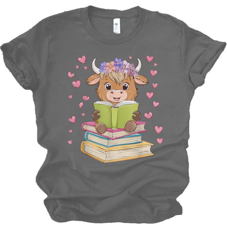 Highland Cow Reading Book Floral Bookworm Unisex Jersey T-Shirt