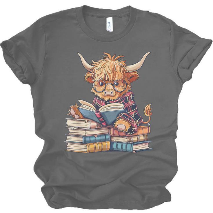 Highland Cow Reading Book Librarian Library Unisex Jersey T-Shirt Highland Cow Reading Book Librarian Library Unisex Jersey T-Shirt