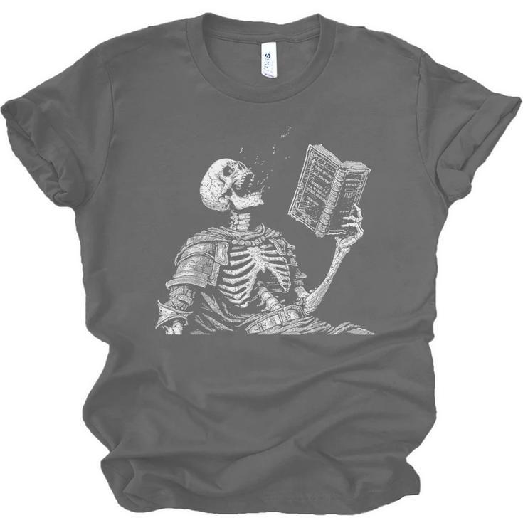 Hilarious Skeleton Holding a Book And Laughing Gothic Unisex Jersey T-Shirt
