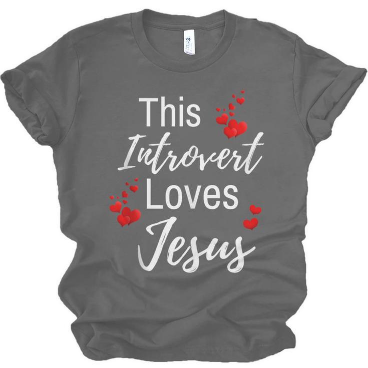 This Introvert Loves Jesus Religious Red Hearts Graphic Unisex Jersey T-Shirt This Introvert Loves Jesus Religious Red Hearts Graphic Unisex Jersey T-Shirt
