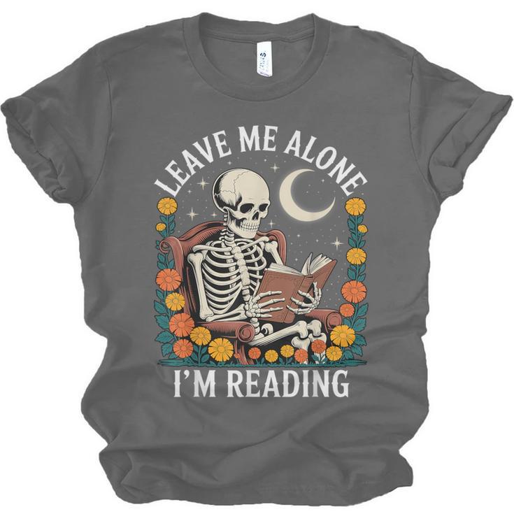 Leave Me Alone Skeleton Reading Book Floral Moon Librarian Unisex Jersey T-Shirt