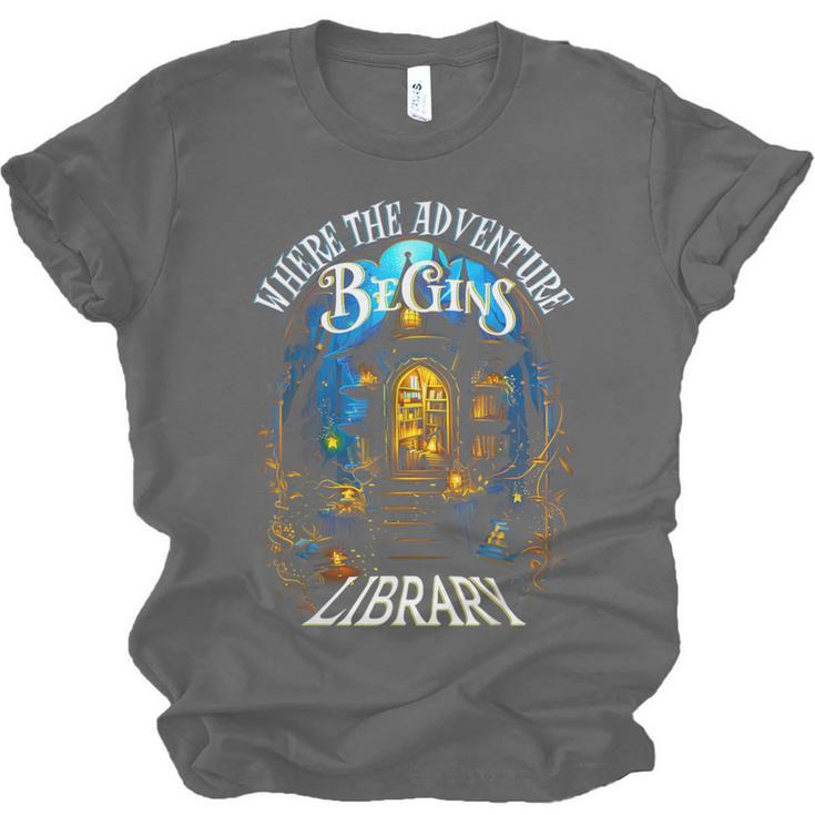 Library Where The Adventure Begins Book Reading Quote Unisex Jersey T-Shirt Library Where The Adventure Begins Book Reading Quote Unisex Jersey T-Shirt