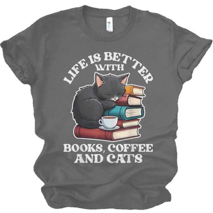 Life Is Better With Books Cats & Coffee Librarian Book Lover Unisex Jersey T-Shirt