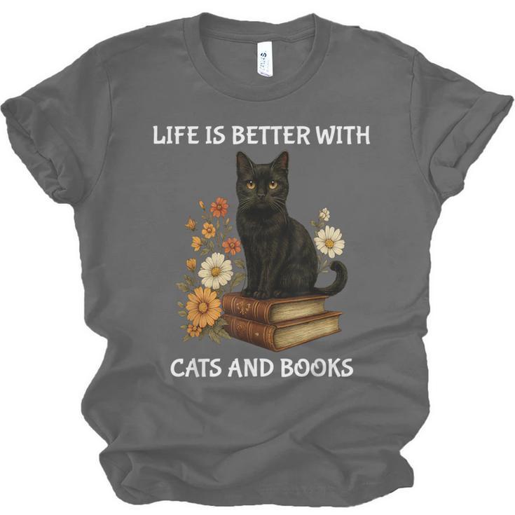 Life Is Better With Cats And Books Cute Cat Lover For Men Women Kids Unisex Jersey T-Shirt