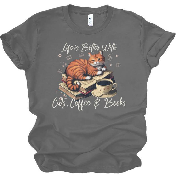 Life Is Better With Cats Coffee And Books Unisex Jersey T-Shirt