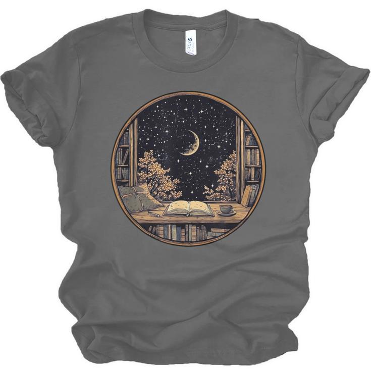 Moon Book Bookshelf Library Coffee Cup Star Stars Pattern Unisex Jersey T-Shirt