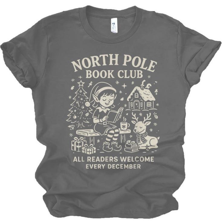 North Pole Book Club Christmas Elf Bookish Retro Graphic Unisex Jersey T-Shirt