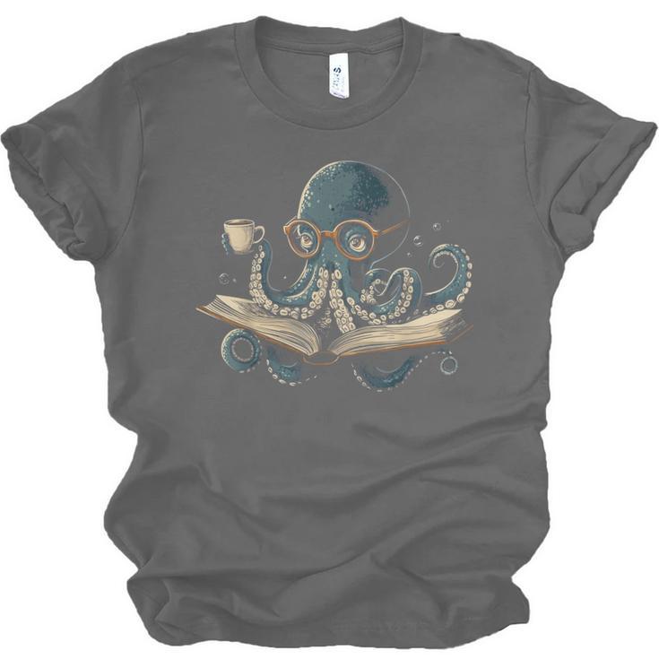 Octopus Reading Book Coffee Book Lover Bookworm Nerd Unisex Jersey T-Shirt