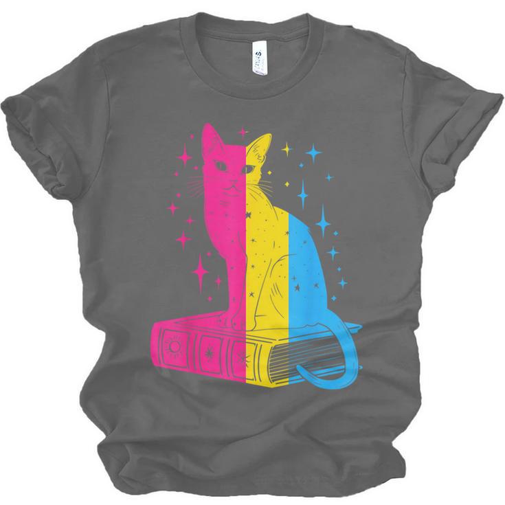 Pansexual Pride Celestial Cat Sitting Book LGBTQ Pan Colors Men Women Unisex Jersey T-Shirt