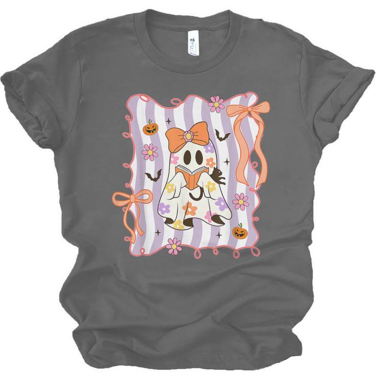 Preppy Coquette Bow Ghost Reading Books Halloween Book Unisex Jersey T-Shirt