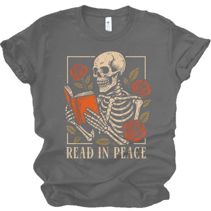 Read In Peace Skeleton Reading Book Halloween Teacher Unisex Jersey T-Shirt Read In Peace Skeleton Reading Book Halloween Teacher Unisex Jersey T-Shirt