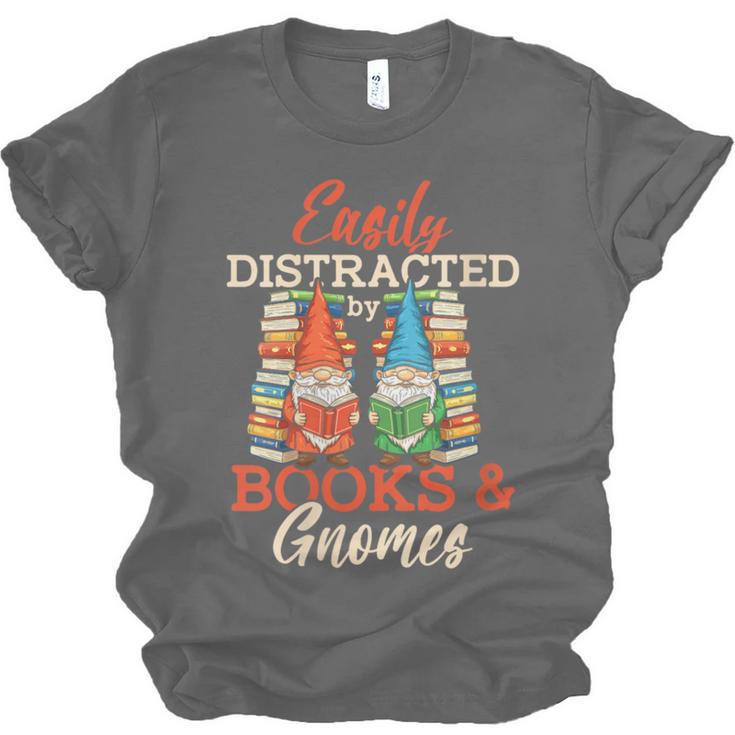 Reading Gnomes Cute Easily Distracted By Books And Gnomes Unisex Jersey T-Shirt