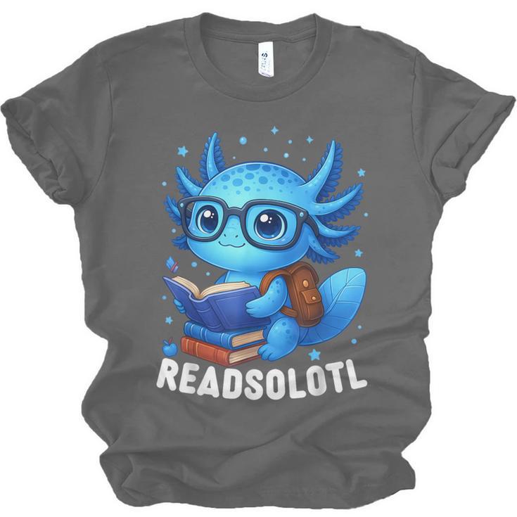 Readsolotl Blue Kawaii Axolotl Book Lover Reading Unisex Jersey T-Shirt