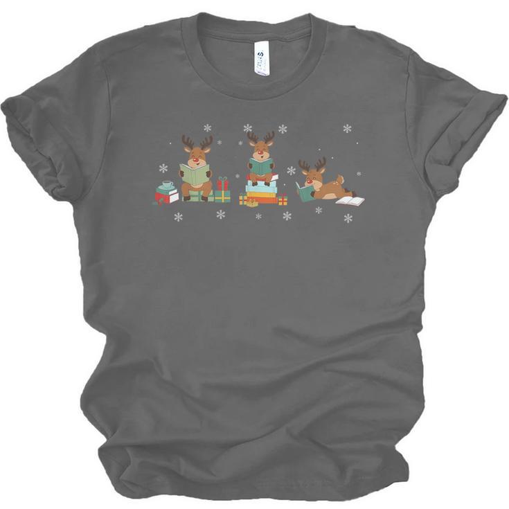 Reindeer Reading Books Christmas Library Classroom Unisex Jersey T-Shirt