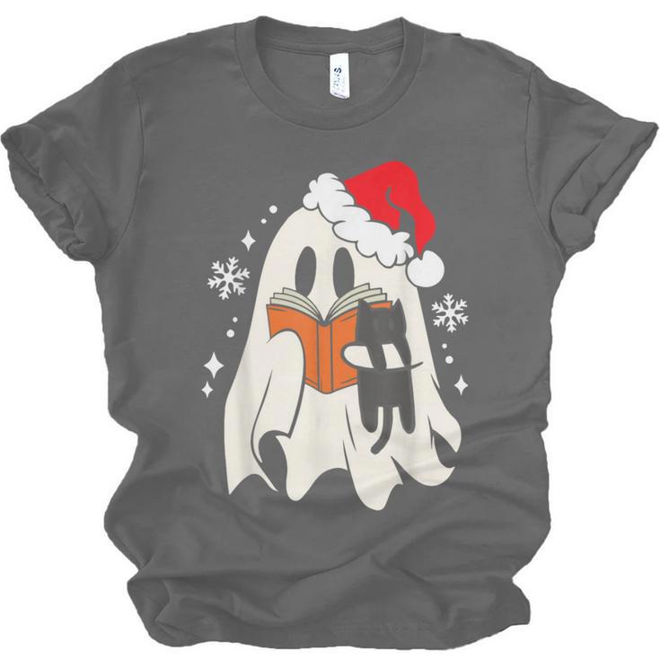 Retro Ghost Reading Book With Cat Bookish Club Christmas Men Women Kids Unisex Jersey T-Shirt
