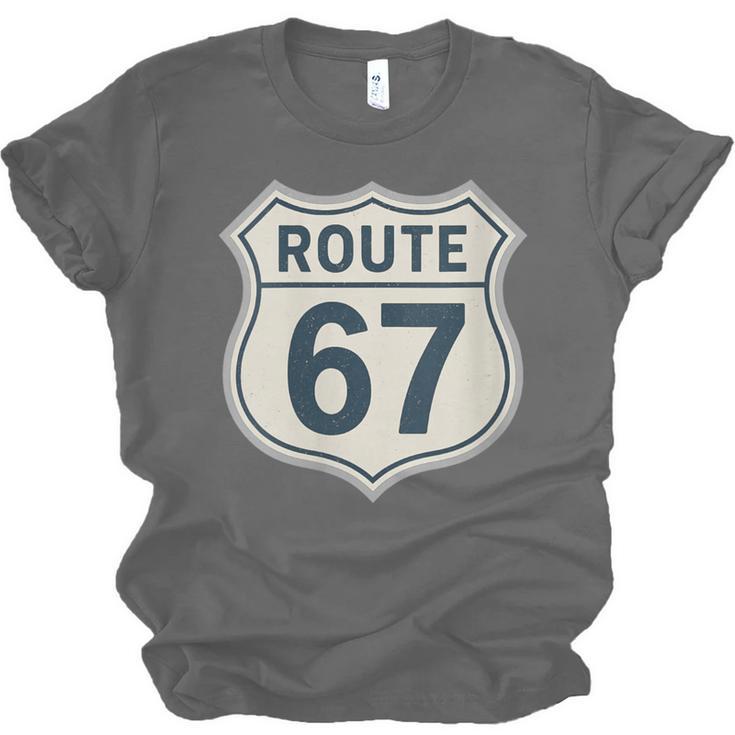Retro Route 67 Highway Sign Vintage Road Nostalgia Unisex Jersey T-Shirt Retro Route 67 Highway Sign Vintage Road Nostalgia Unisex Jersey T-Shirt