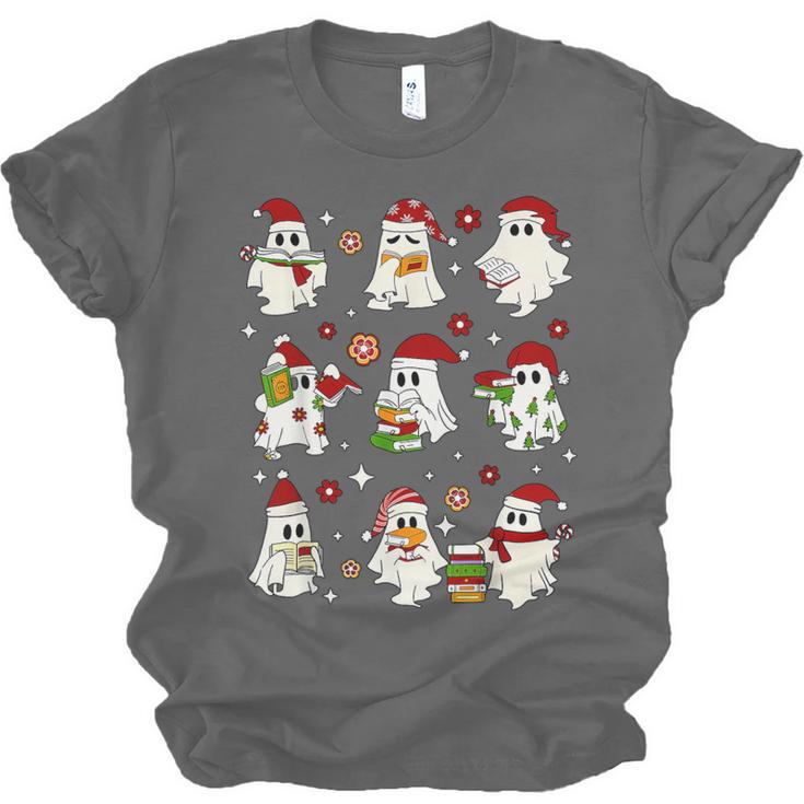 Santa Ghost Reading Books Christmas Library Teacher Unisex Jersey T-Shirt