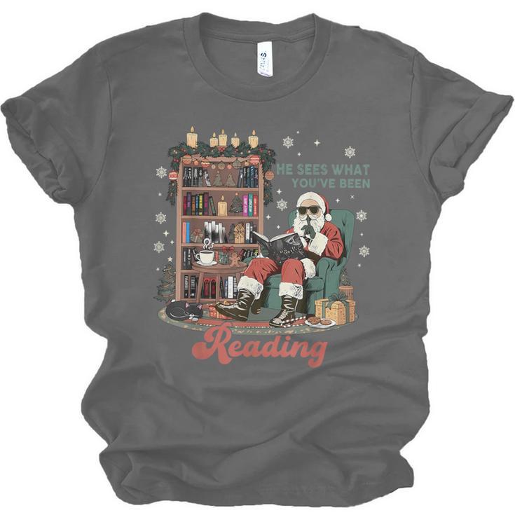 He Sees What You'Ve Been Reading Santa Christmas Bookish Unisex Jersey T-Shirt