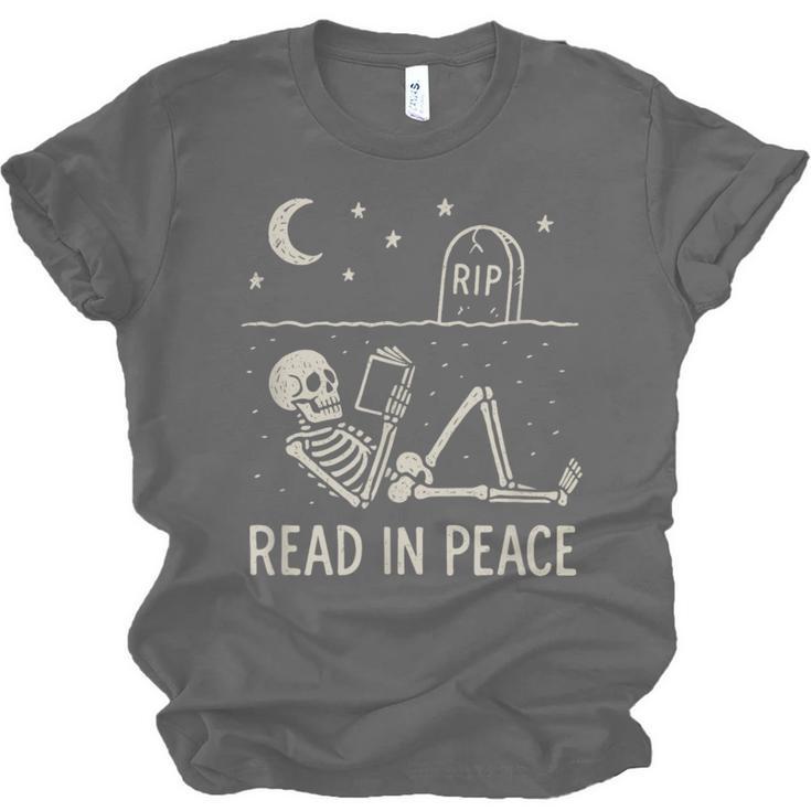 Skeleton Read In Peace Halloween Book Graphic Bookish Unisex Jersey T-Shirt