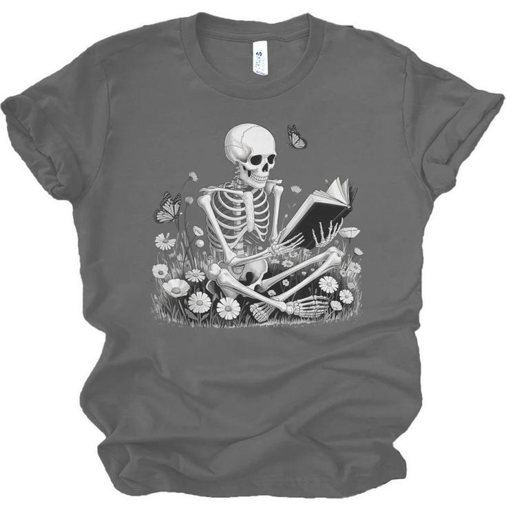 Skeleton Reading Book Floral Dark For Book Lovers Unisex Jersey T-Shirt Skeleton Reading Book Floral Dark For Book Lovers Unisex Jersey T-Shirt