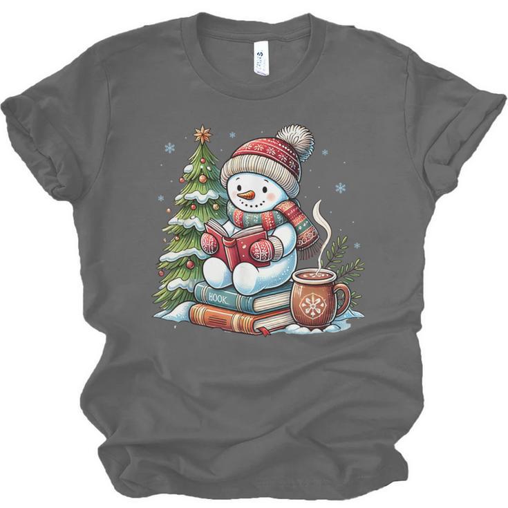 Snowman Reading Book Lovers Christmas Librarian Bookworm Unisex Jersey T-Shirt