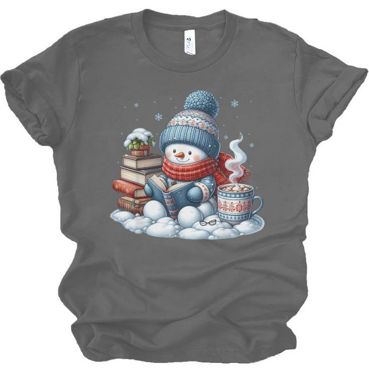 Snowman Reading Books Lovers Librarian Bookworm Christmas Unisex Jersey T-Shirt