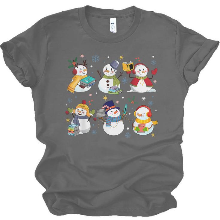 Snowman Reading Books Teacher Christmas Librarian Bookworm Unisex Jersey T-Shirt