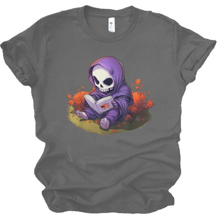 Spooky Grim Reaper Reading A Book Cute Creepy Halloween Unisex Jersey T-Shirt