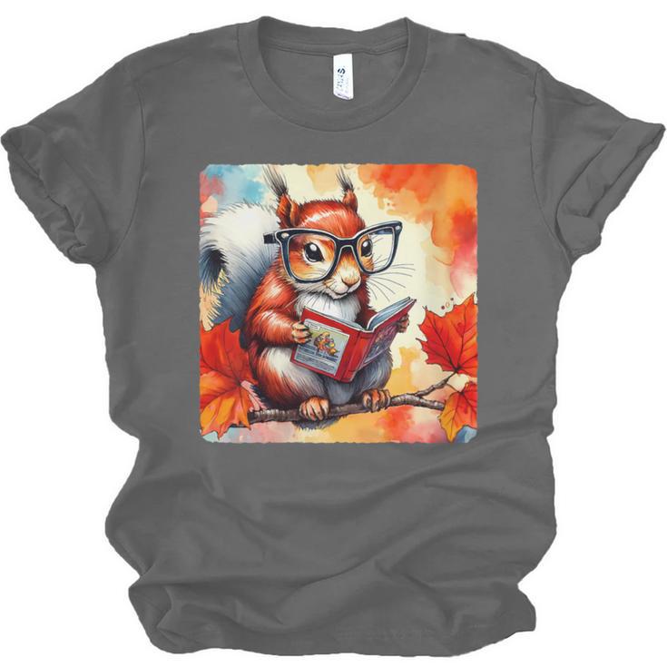 Squirrel Reading Comic Book On Autumn Branch Glasses Leaves Unisex Jersey T-Shirt Squirrel Reading Comic Book On Autumn Branch Glasses Leaves Unisex Jersey T-Shirt