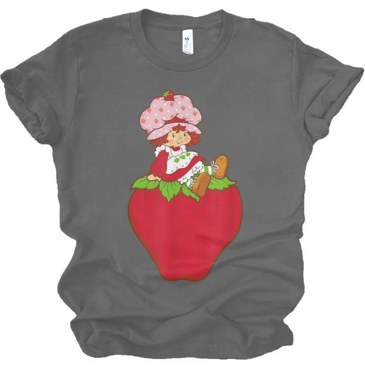 Strawberry Shortcake Sitting On Strawberry Retro Nostalgia Unisex Jersey T-Shirt Strawberry Shortcake Sitting On Strawberry Retro Nostalgia Unisex Jersey T-Shirt