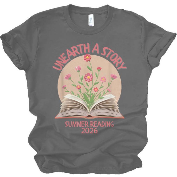 Unearth a Story 2026 Summer Reading Program Flowers Book Unisex Jersey T-Shirt