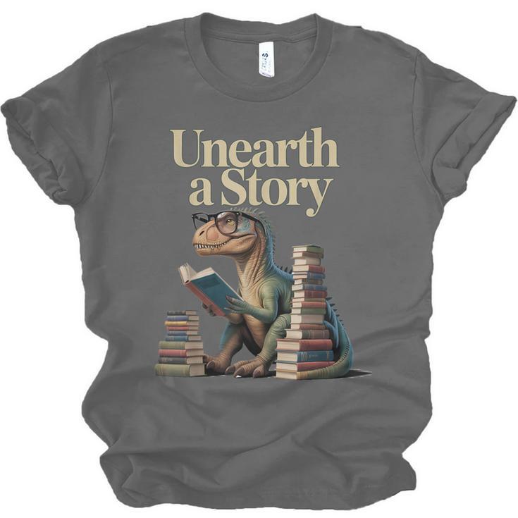 Unearth A Story Dinosaur Reading a Library Book Unisex Jersey T-Shirt