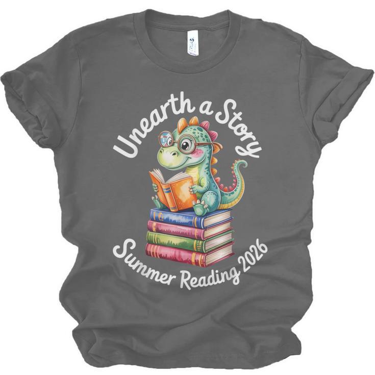 Unearth a Story Summer Reading 2026 Book Lover Dino Fun Unisex Jersey T-Shirt