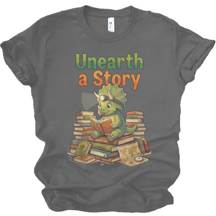 Unearth a Story Triceratops Dinosaur Reading Books Cute Dino Unisex Jersey T-Shirt Unearth a Story Triceratops Dinosaur Reading Books Cute Dino Unisex Jersey T-Shirt