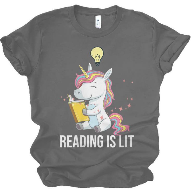 Women's Reading Is Lit Unicorn Library English Teacher Book Lover Unisex Jersey T-Shirt