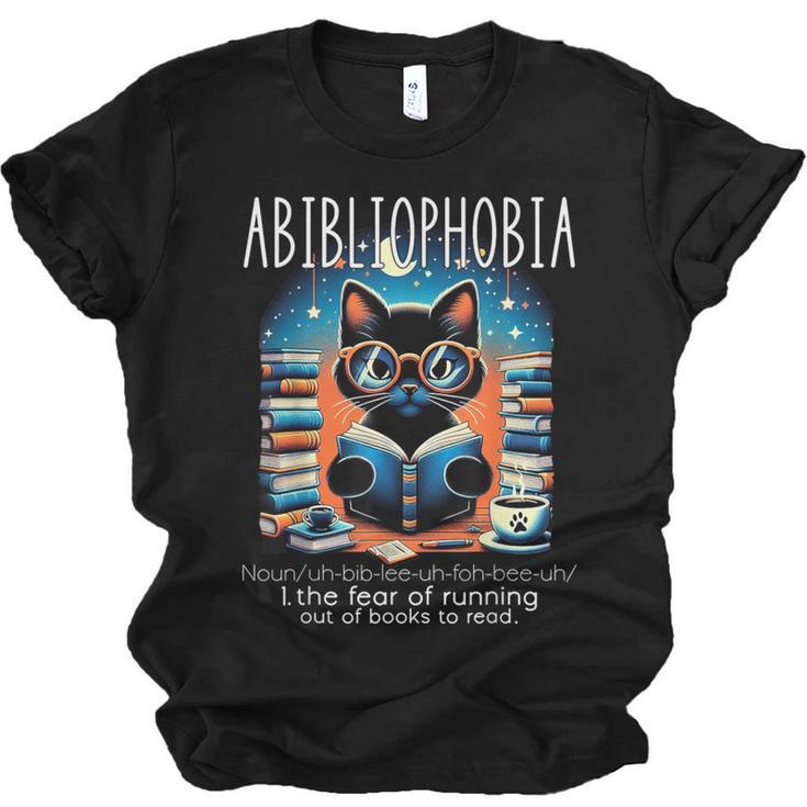 Abibliophobia Cat Reading Bookworm Reader Nerd For Men Women Girls Kids Unisex Jersey T-Shirt