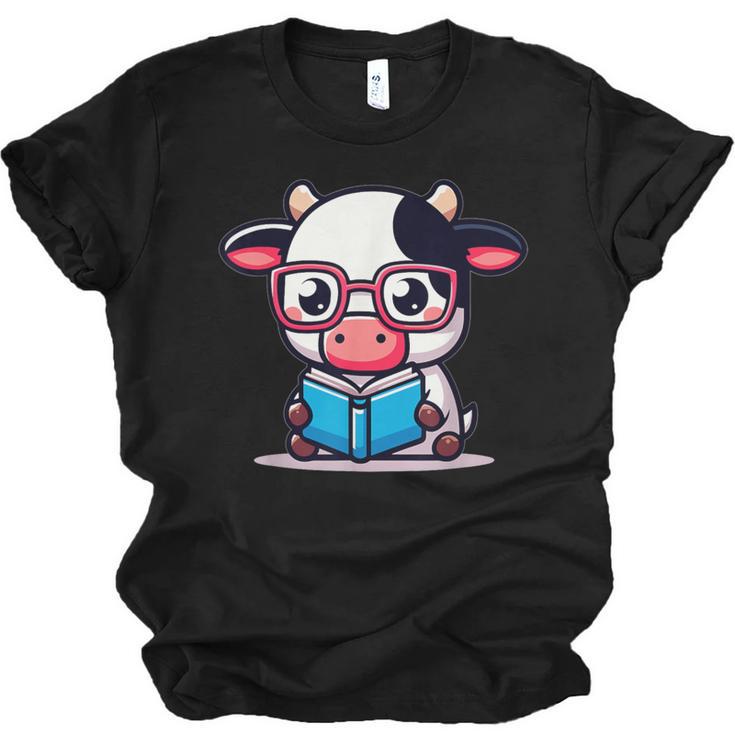 Adorable Book Lover Cow With Reading Glasses Cute Unisex Jersey T-Shirt