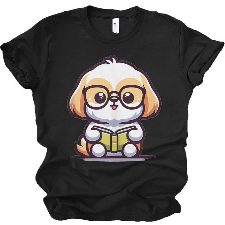 Adorable Book Lover Shih Tzu With Reading Glasses Cute Unisex Jersey T-Shirt