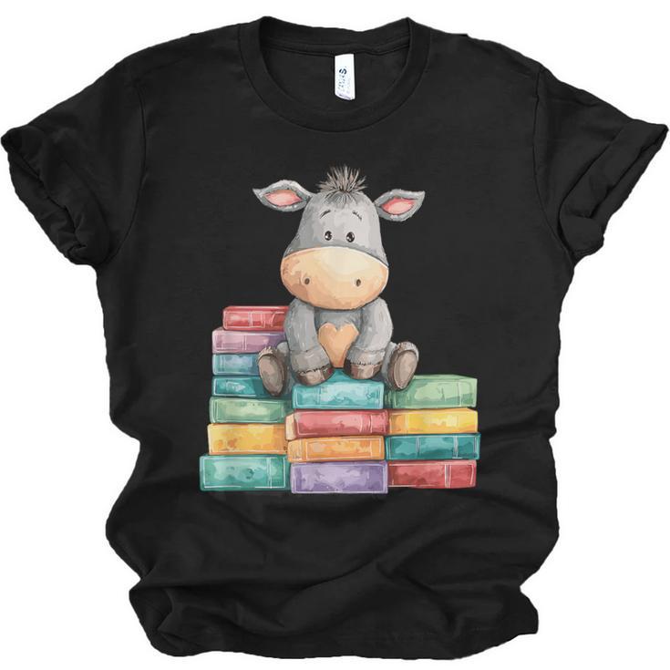 Adorable Donkey With Heart Sitting On Colorful Book Stack Unisex Jersey T-Shirt