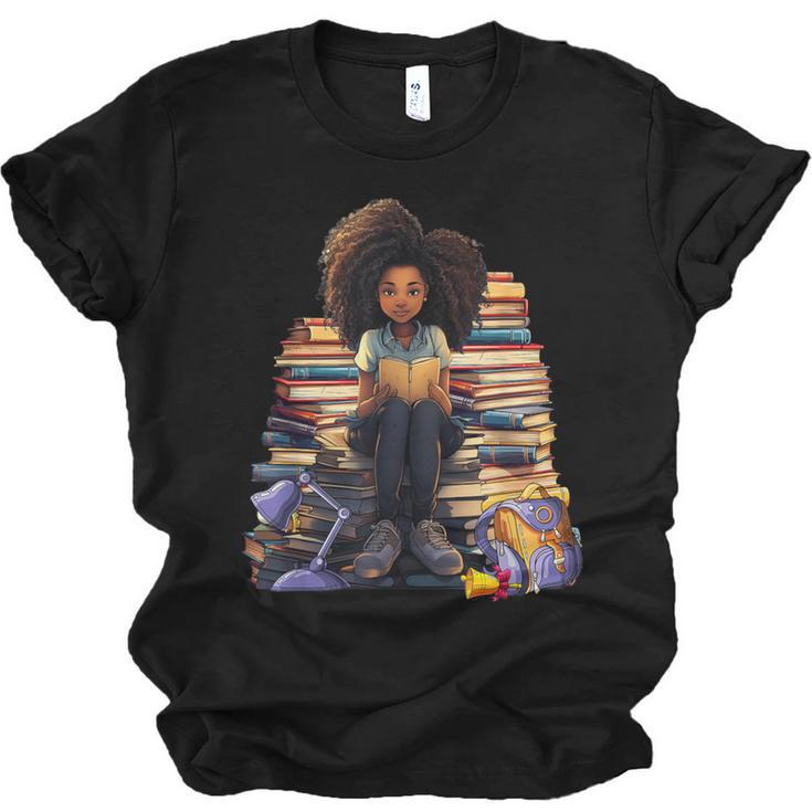 Back To School Afro Melanin Girl Reading Book Bookworm Unisex Jersey T-Shirt
