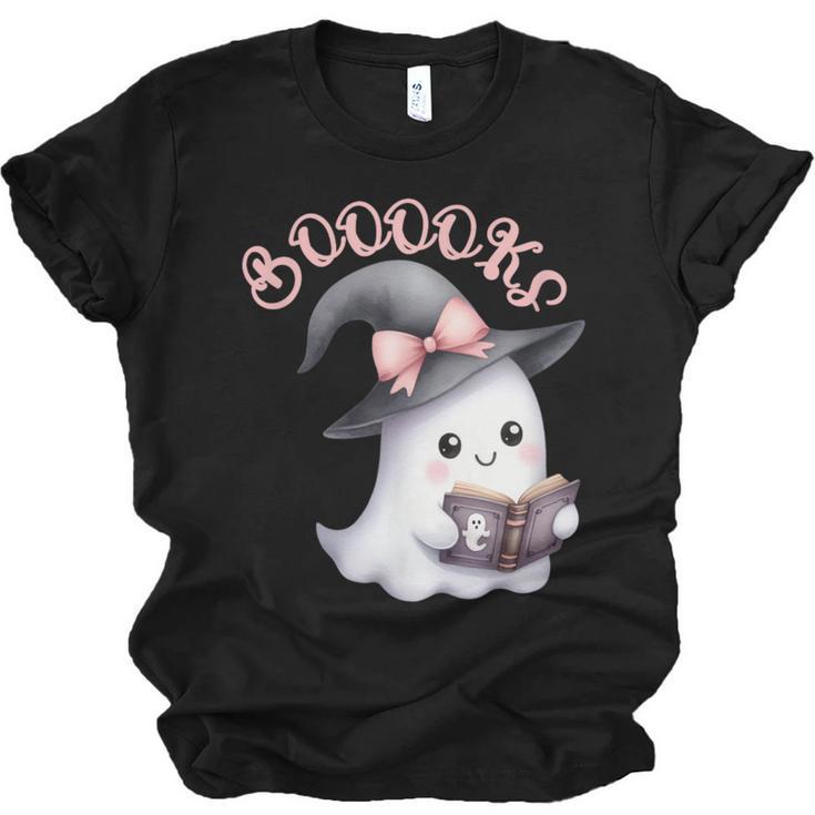 Boo Ghost Books Coquette Bow Halloween Women School Teacher Unisex Jersey T-Shirt