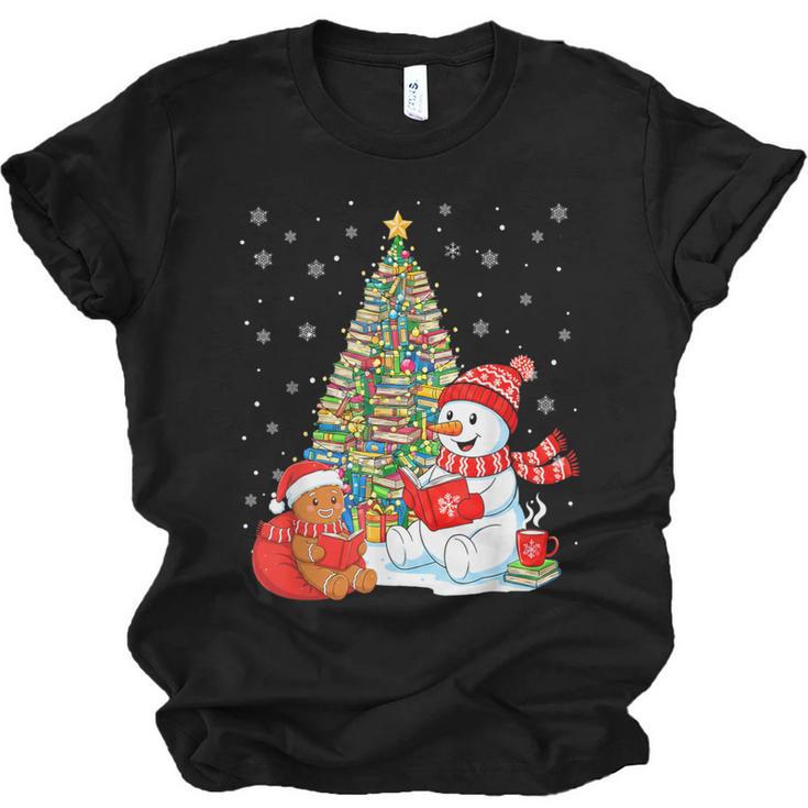 Book Christmas Tree Bookworm Gingerbread Man Snowman Reading Unisex Jersey T-Shirt