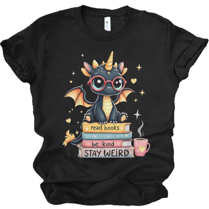 Book Lover Chibi Dragon With Big Red Glasses Bookworm Unisex Jersey T-Shirt