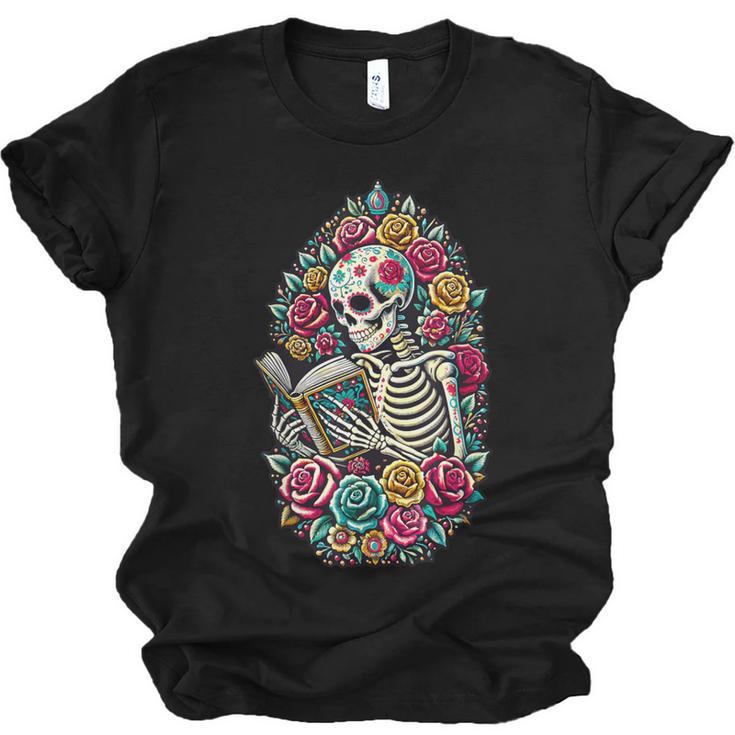 Book Lover Skeleton Reading With Dia De Los Muertos Flowers Unisex Jersey T-Shirt